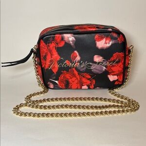 Victoria's Secret Black and Red Floral Crossbody Bag Gold Tone Chain 9x6x2.5